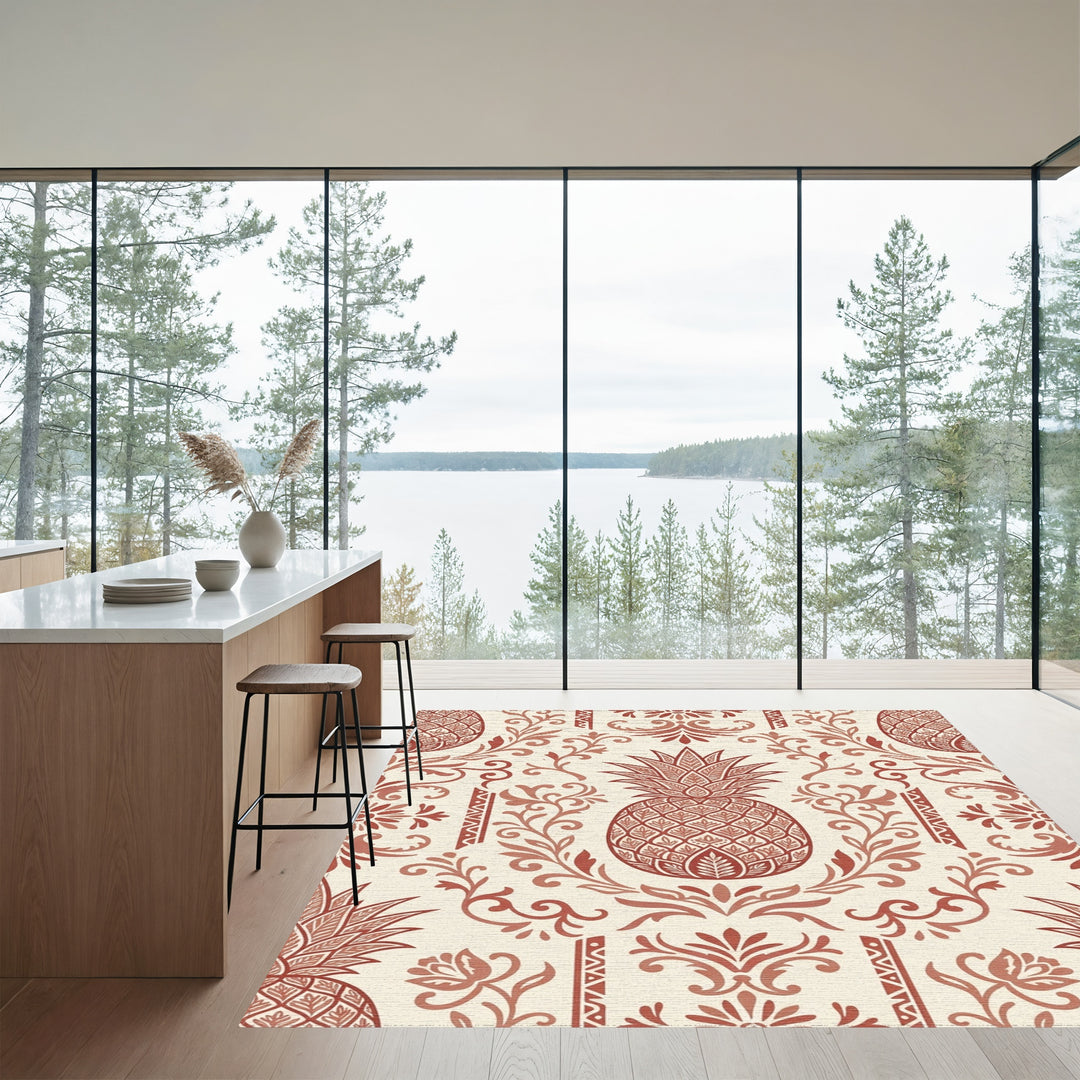 Rustic Red Pineapple Floral Scroll Rug