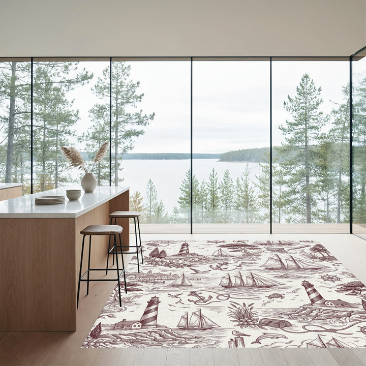 Nautical Scene Sailors Lighthouse Dolphins Anchor Rug