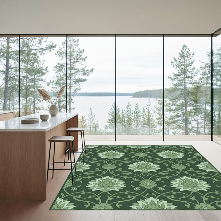 Deep Forest Green Floral Vine Rug