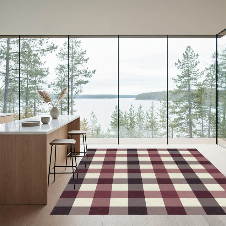 Deep Burgundy Cream Buffalo Check Rug
