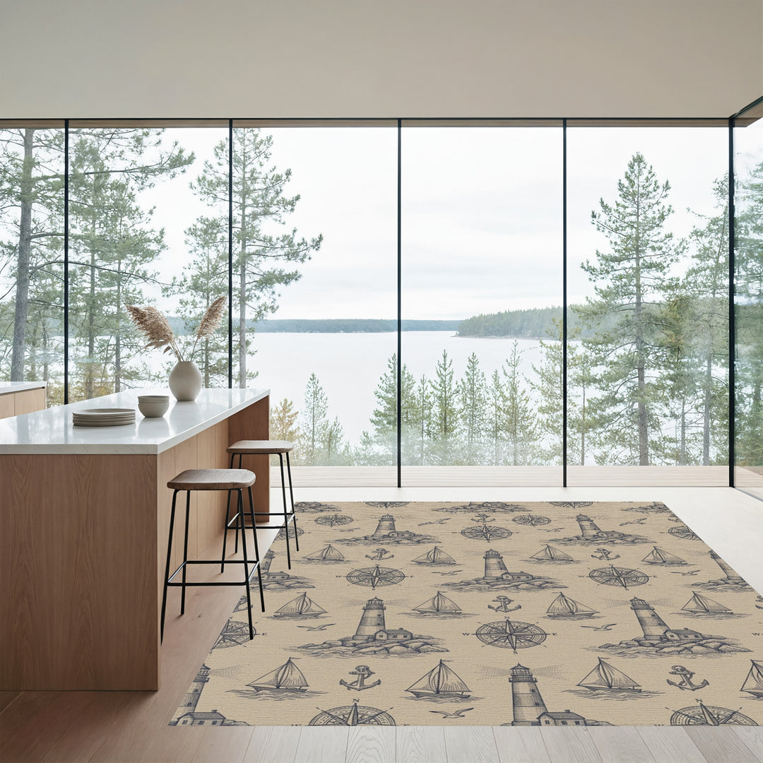 Nautical Adventure Lighthouse Sailboat Compass Rug