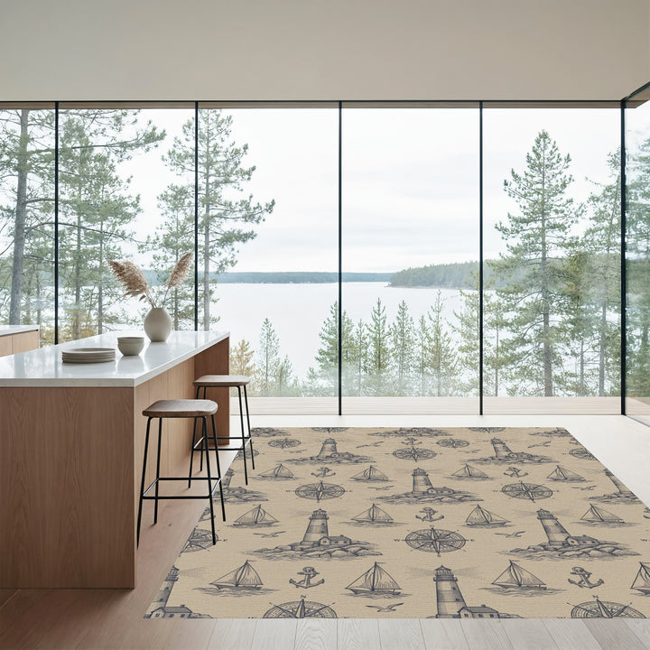 Nautical Adventure Lighthouse Sailboat Compass Rug