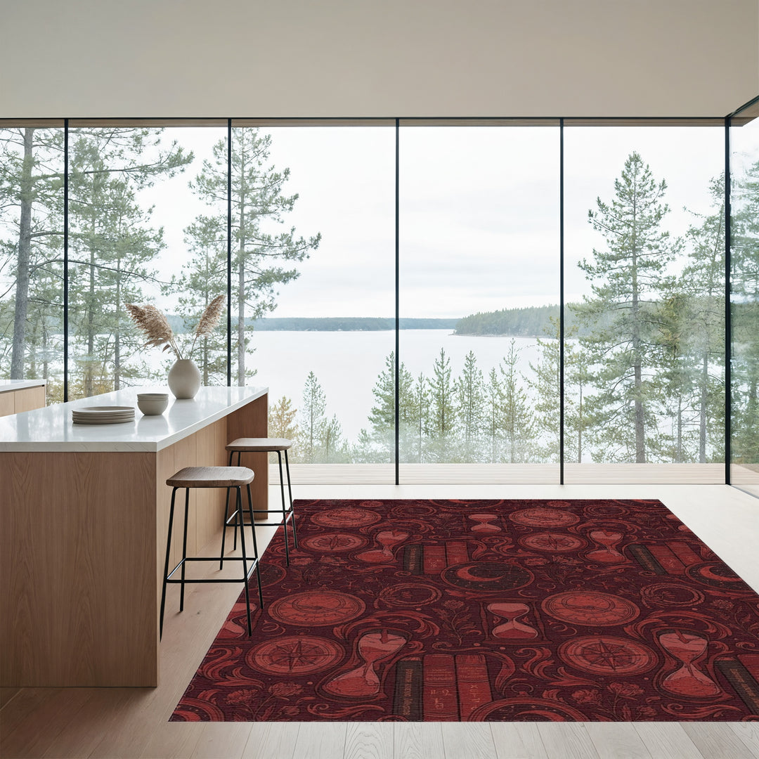 Rich Red Celestial Hourglass Compass Rug