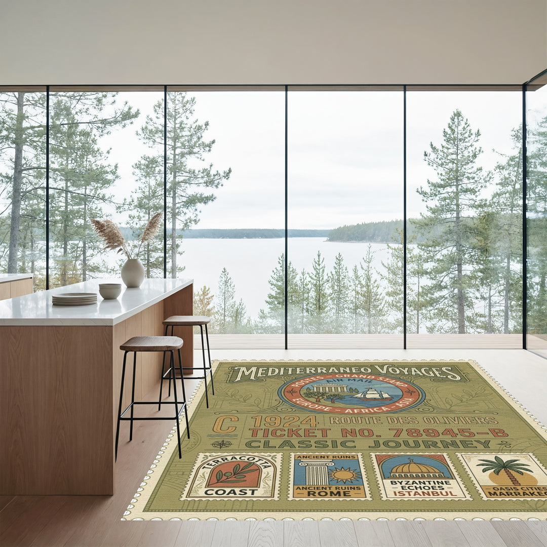 Vintage Mediterranean Voyage Stamp Rug