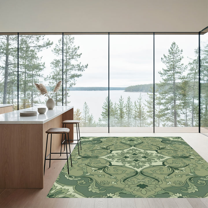 Sage Green Floral Scroll Medallion Rug