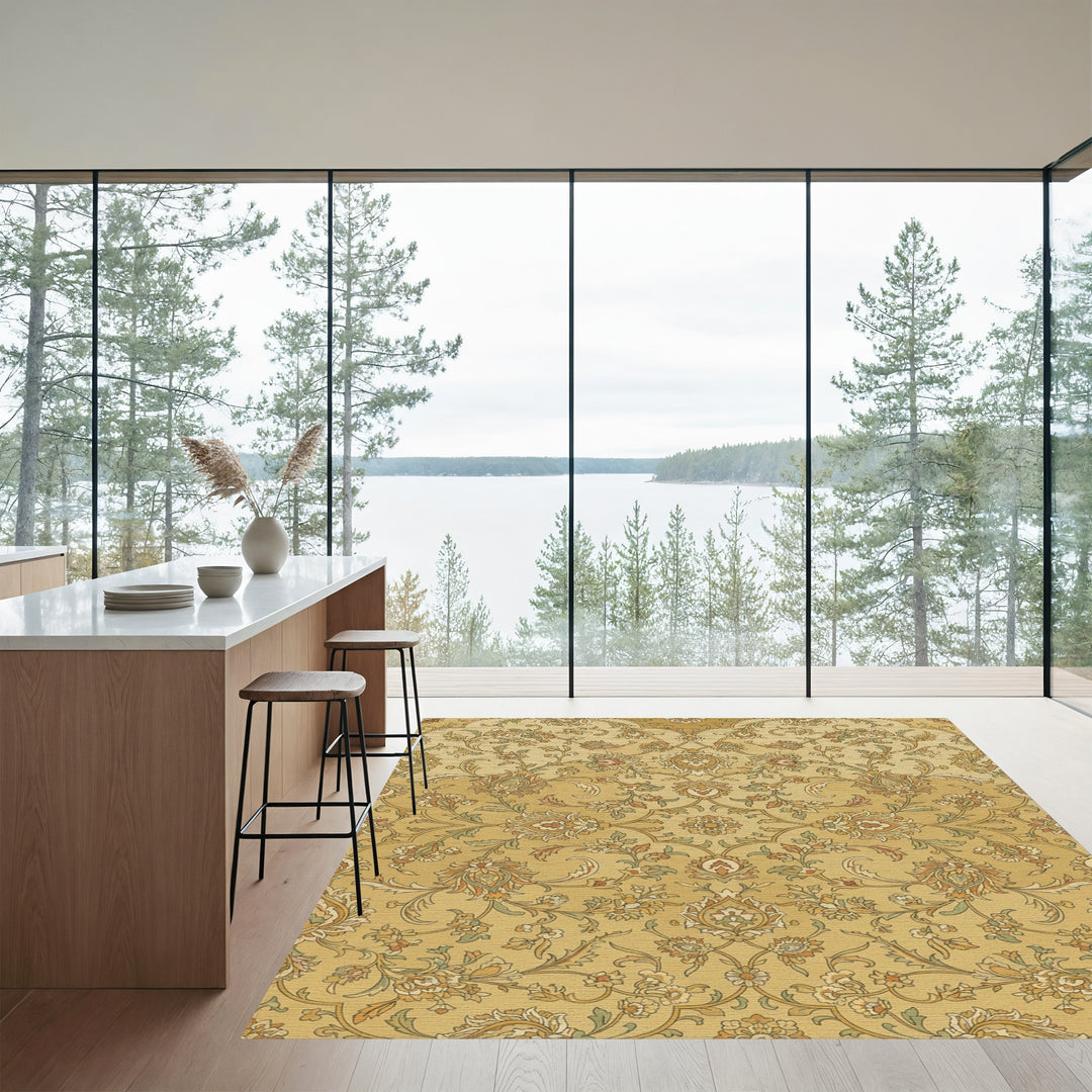 Golden Floral Medallion Scroll Work Rug