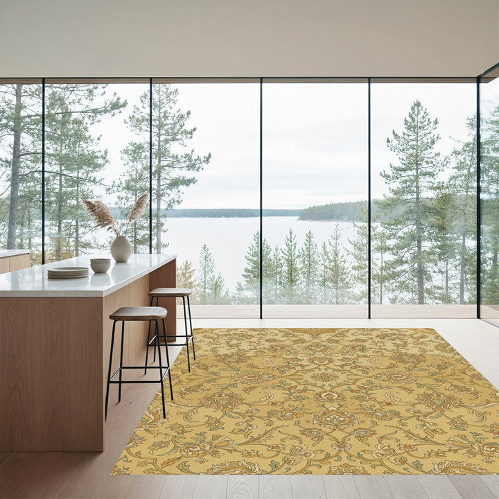 Golden Floral Medallion Scroll Work Rug