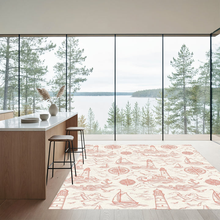 Coral Coastal Lighthouse Sailboat Compass Rug
