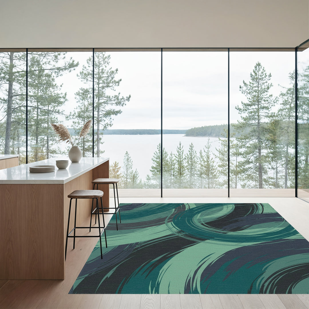 Deep Teal Swirl Abstract Brushstrokes Rug