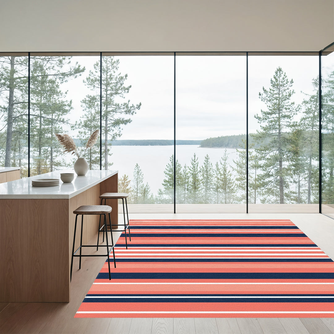 Coral Navy White Horizontal Stripe Rug