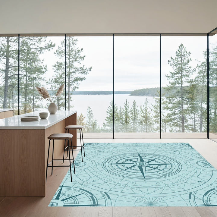 Aqua Vintage Compass Rose Map Rug