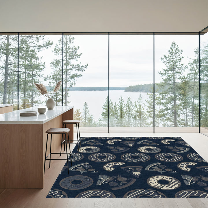 Dark Blue Pizza Donut Repeat Rug