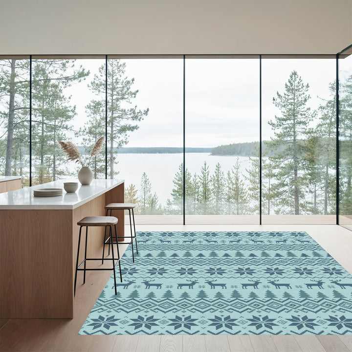 Nordic Blue Deer Snowflake Forest Rug