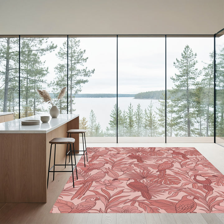 Coral Parrot Toucan Foliage Arrangement Rug