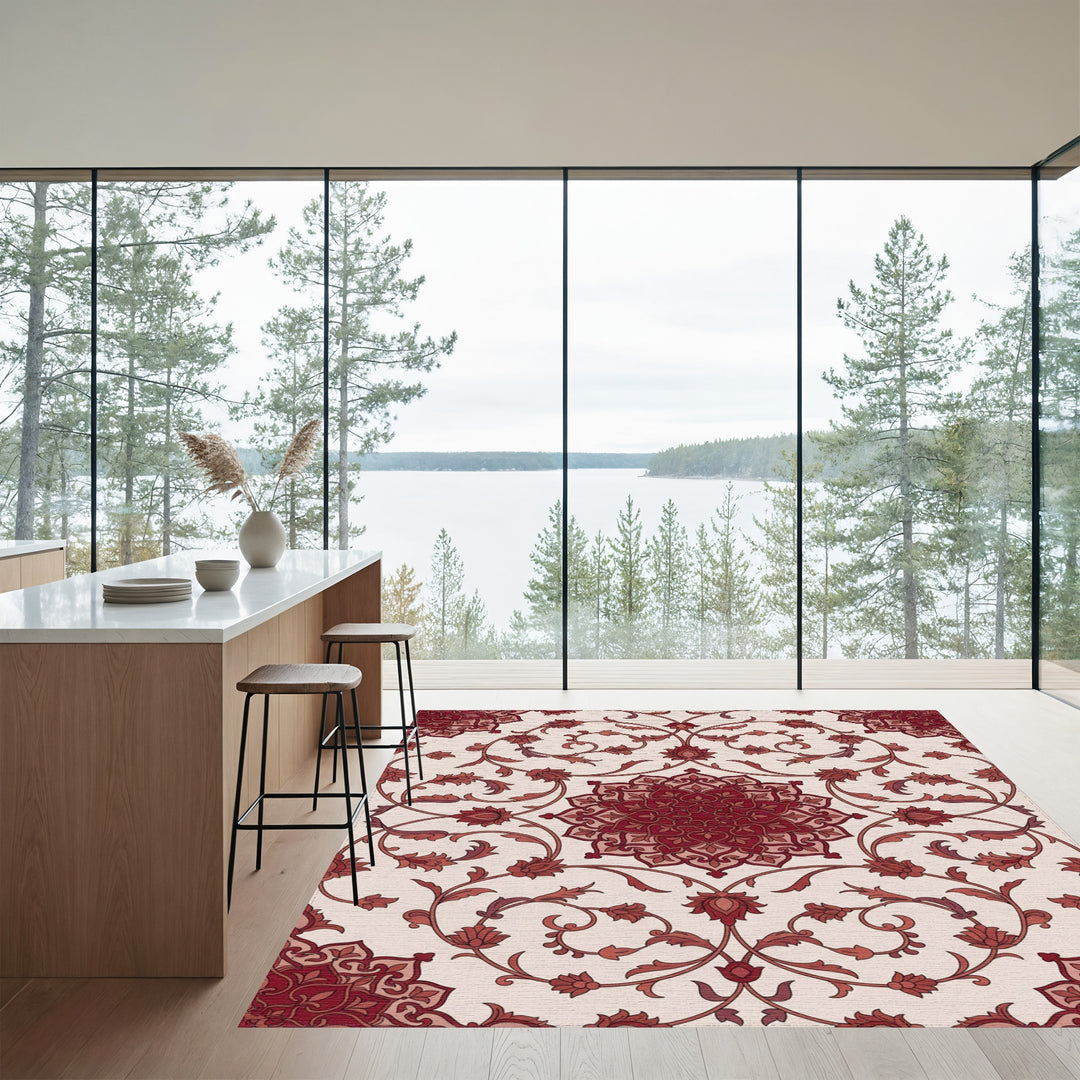 Deep Crimson Floral Mandala Medallion Rug