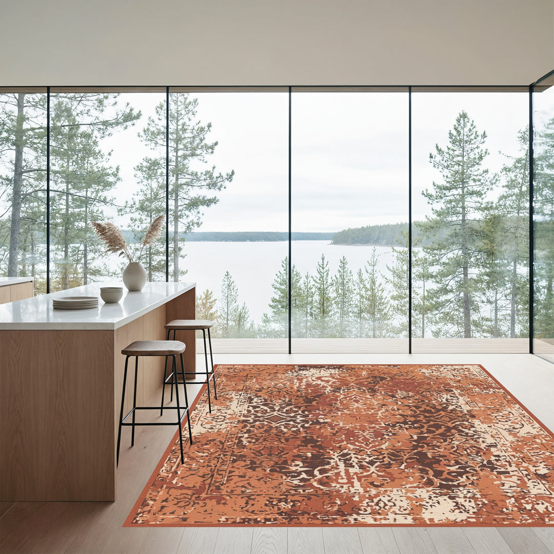 Distressed Terracotta Floral Medallion Rug