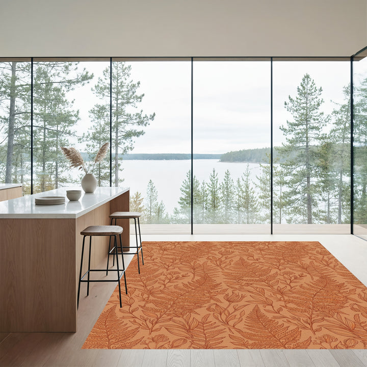 Earthy Orange Botanical Fern Collection Rug