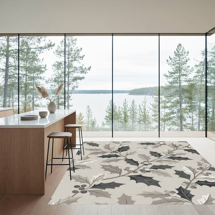 Monochromatic Holly Berry Branches Rug