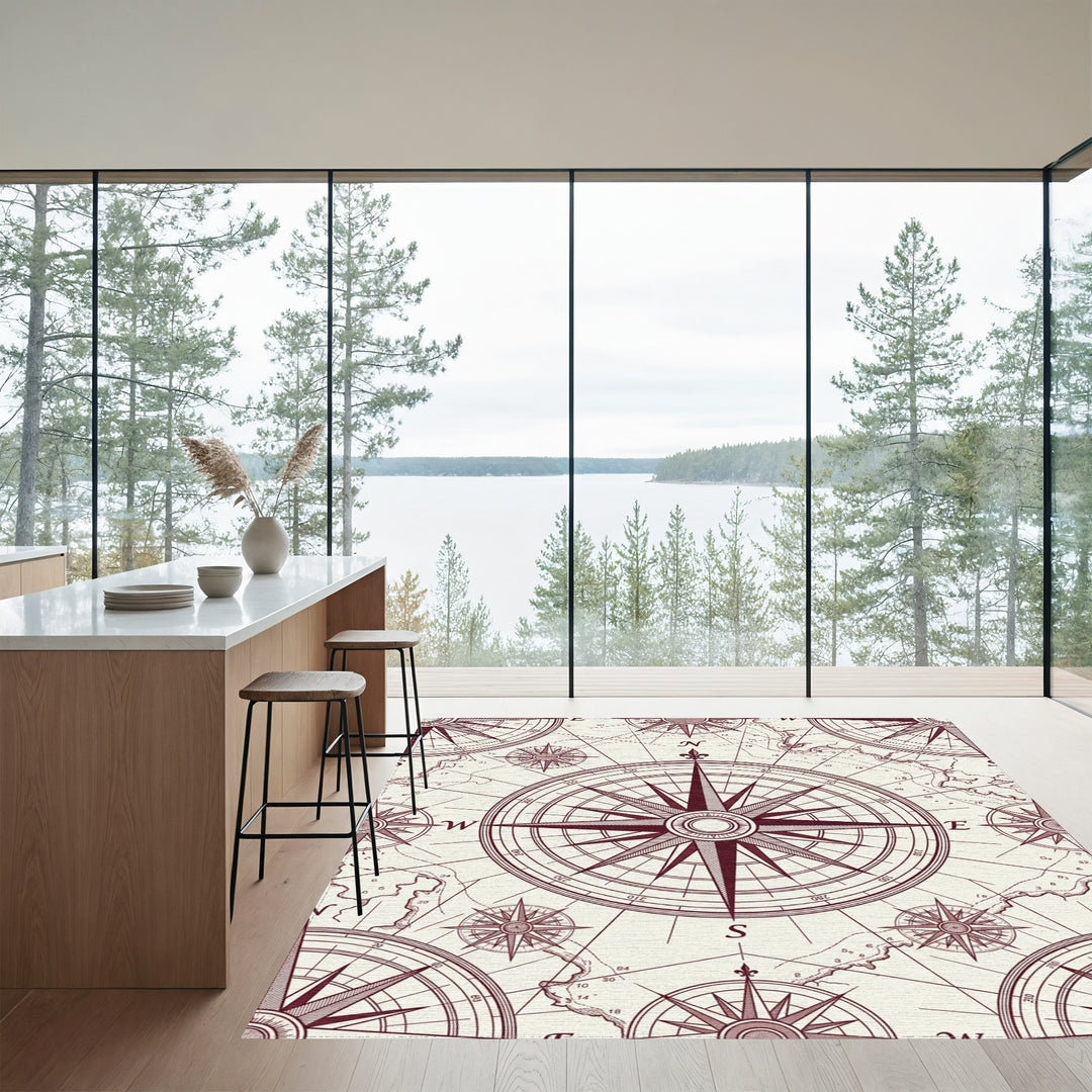 Vintage Maroon Compass Rose Map Rug