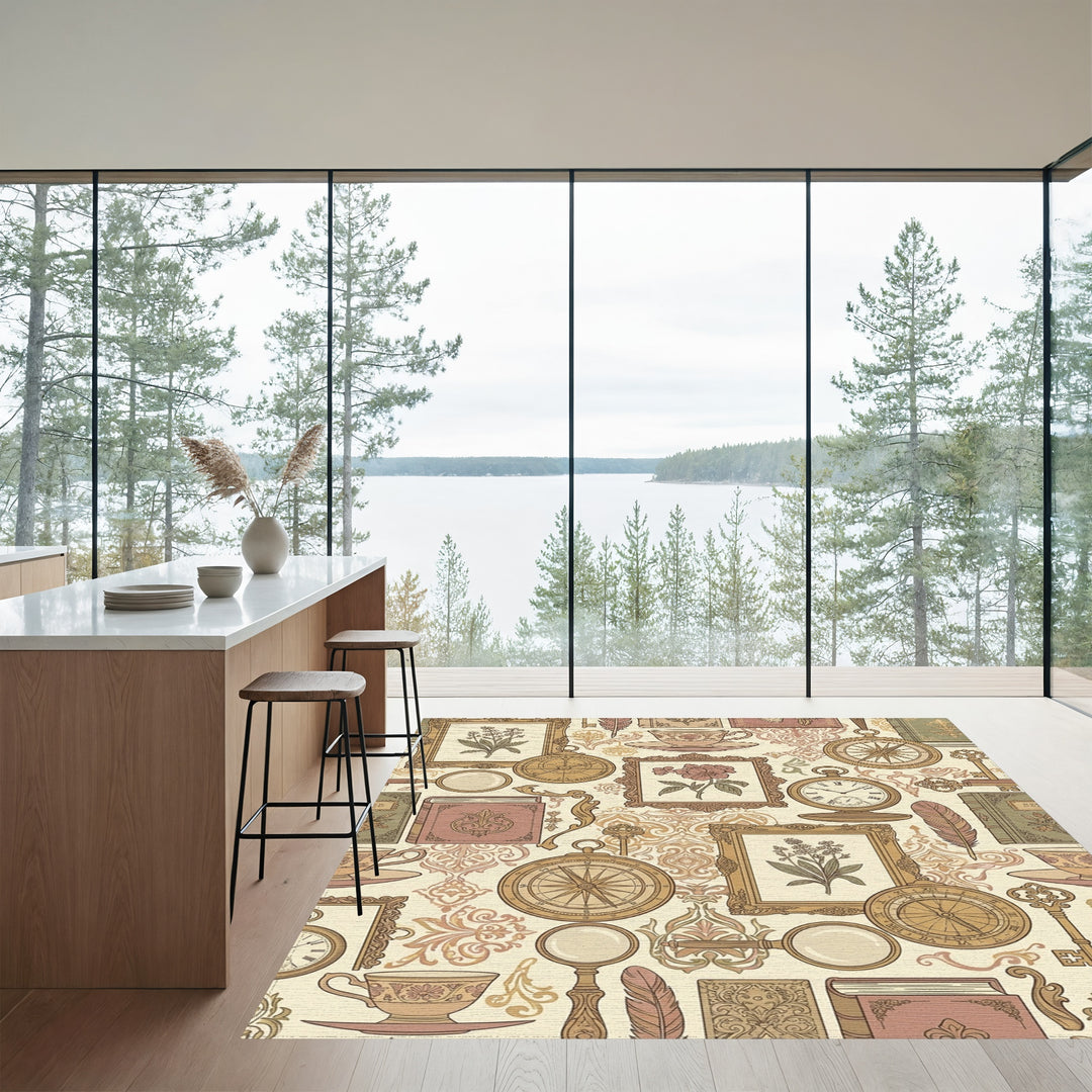 Vintage Botanical Tea Cup Compass Art Rug