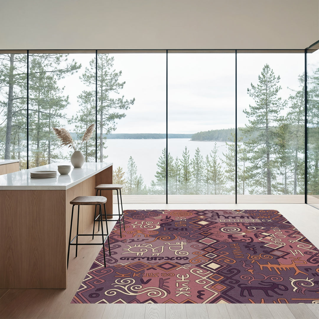 Ornate Ancient Symbols Burgundy Textile Rug