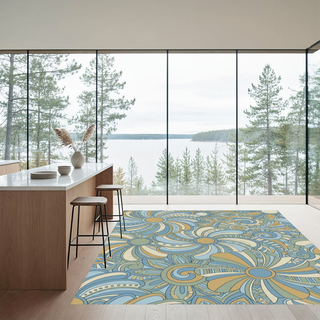 Earthy Blue Tan Floral Swirls Rug