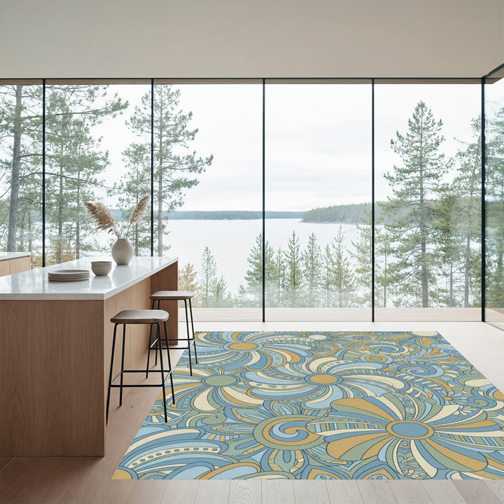 Earthy Blue Tan Floral Swirls Rug