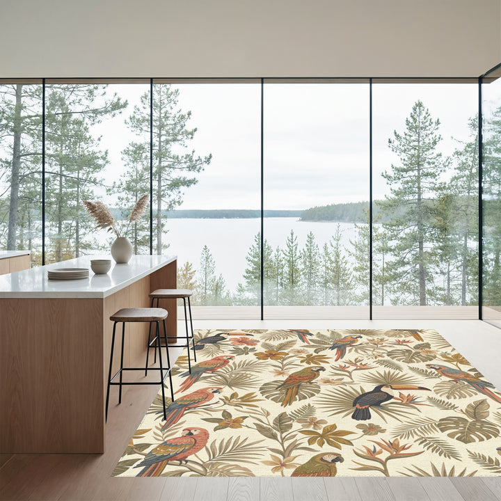Earthy Tropical Toucan Parrot Foliage Rug