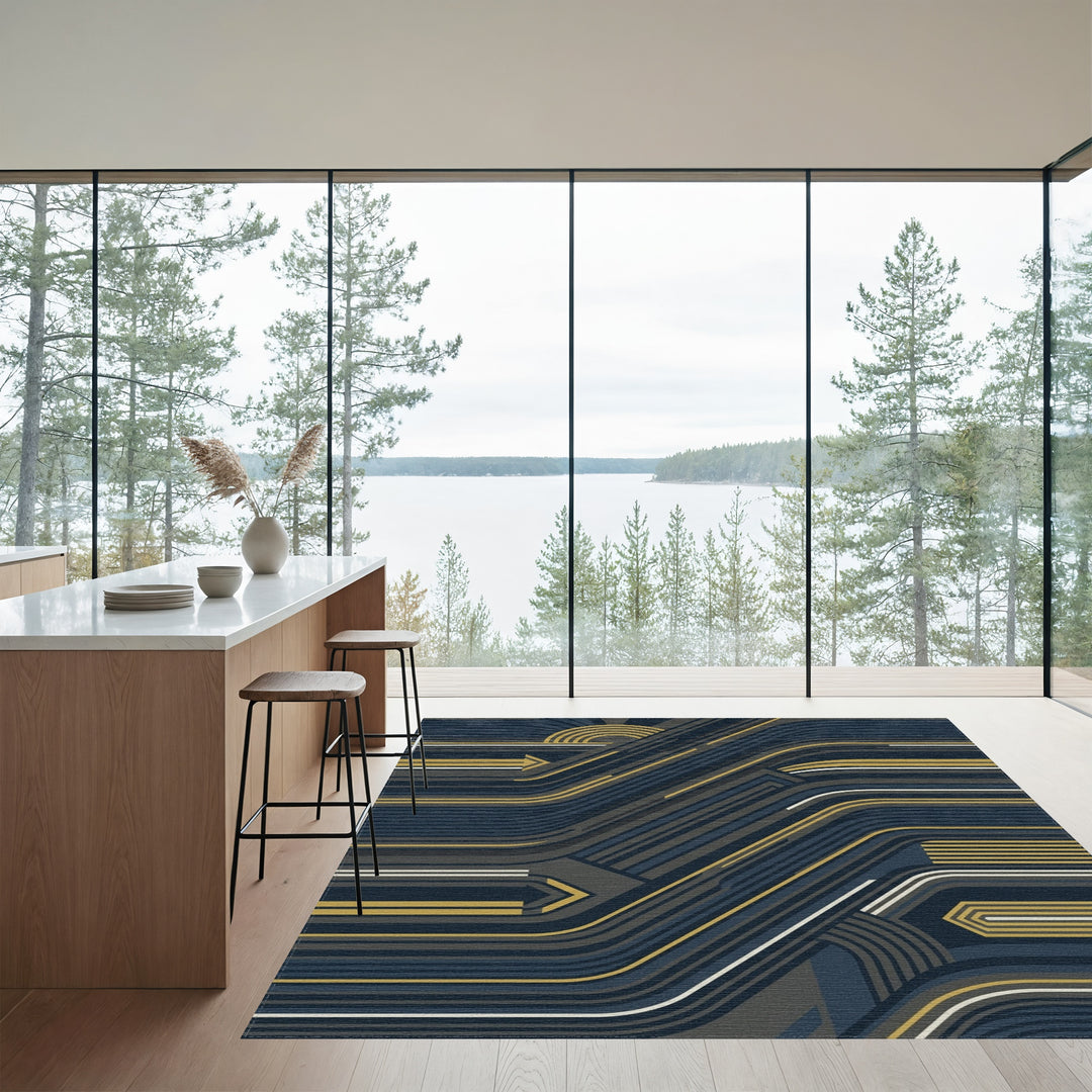 Abstract Geometric Blue Yellow Lines Rug