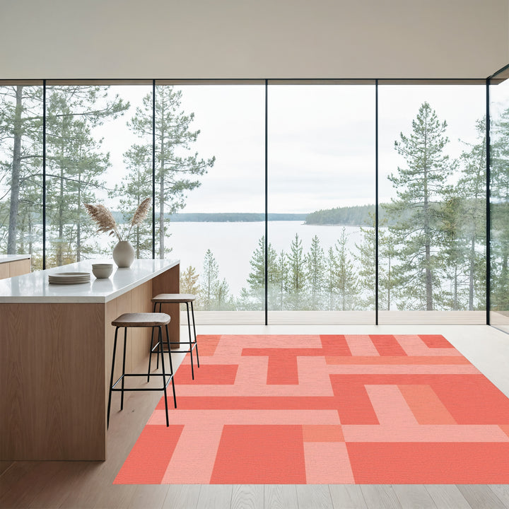 Coral Pink Geometric Interlocking Blocks Rug