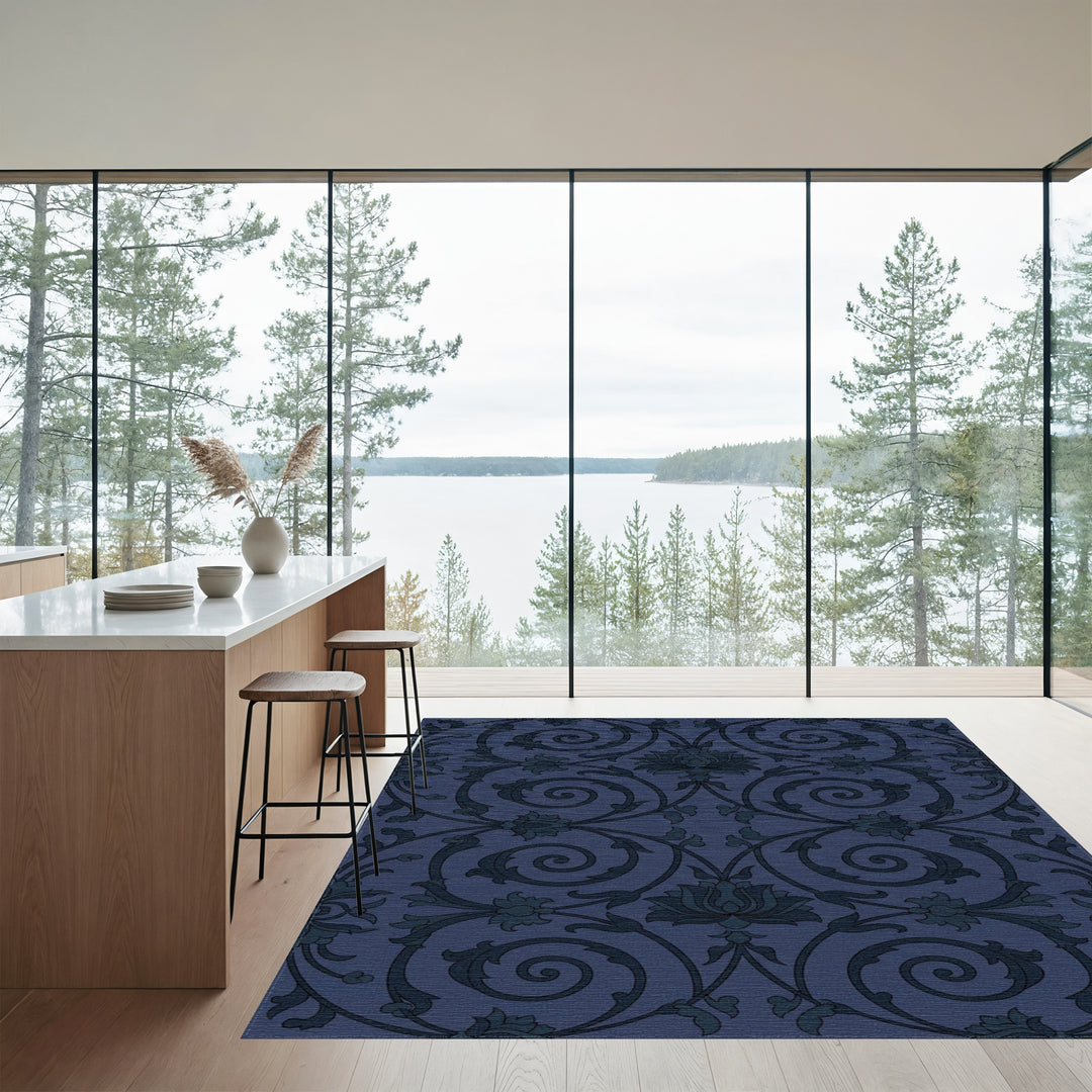 Dark Blue Floral Scroll Work Rug