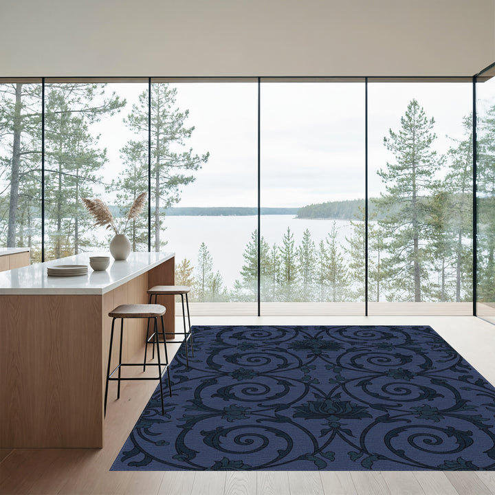 Dark Blue Floral Scroll Work Rug