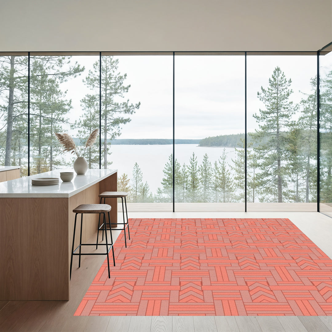 Coral Peach Geometric Interlocking Lines Rug