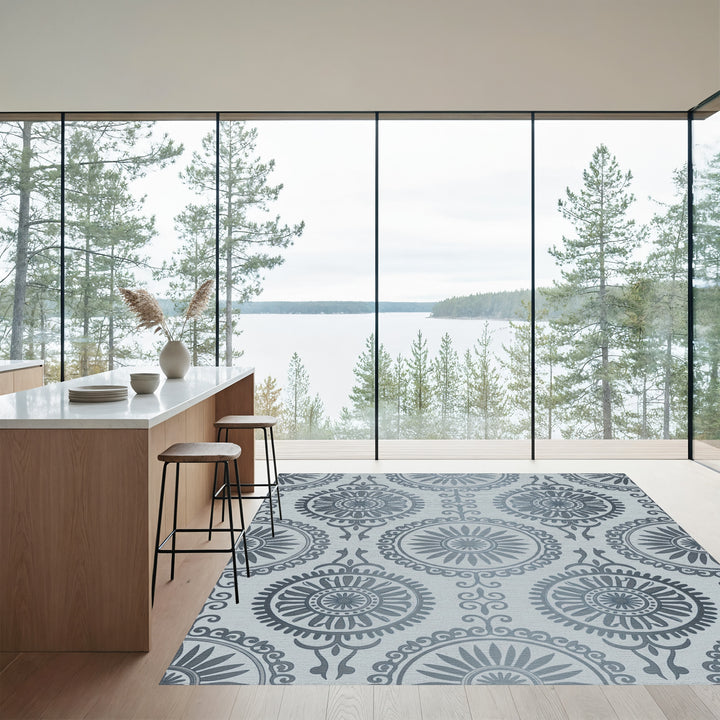 Silver Medallion Sunburst Mandala Rug