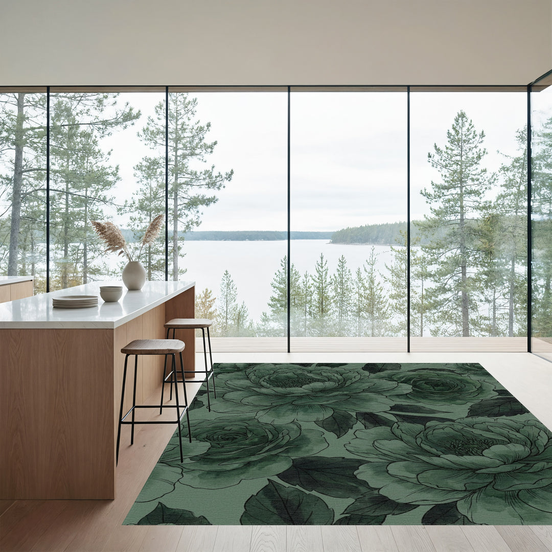 Moody Emerald Peony Floral Rug