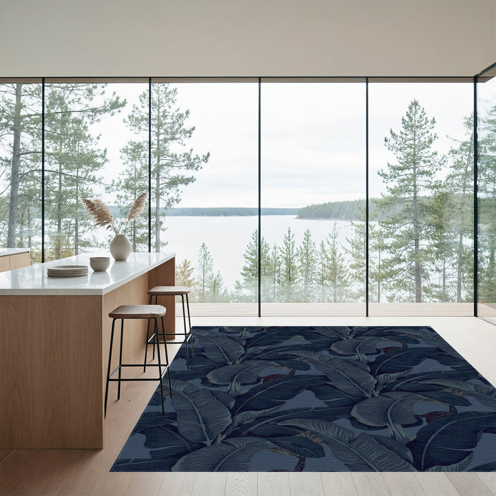 Midnight Blue Tropical Banana Leaf Rug