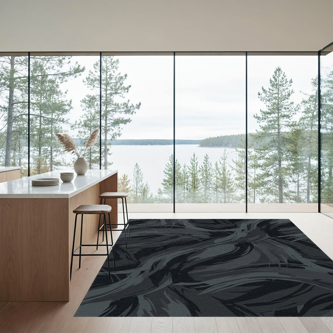 Dark Grayscale Abstract Brushstroke Waves Rug