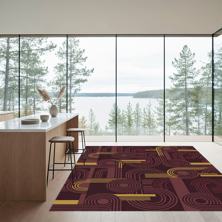 Retro Burgundy Golden Geometric Abstraction Rug