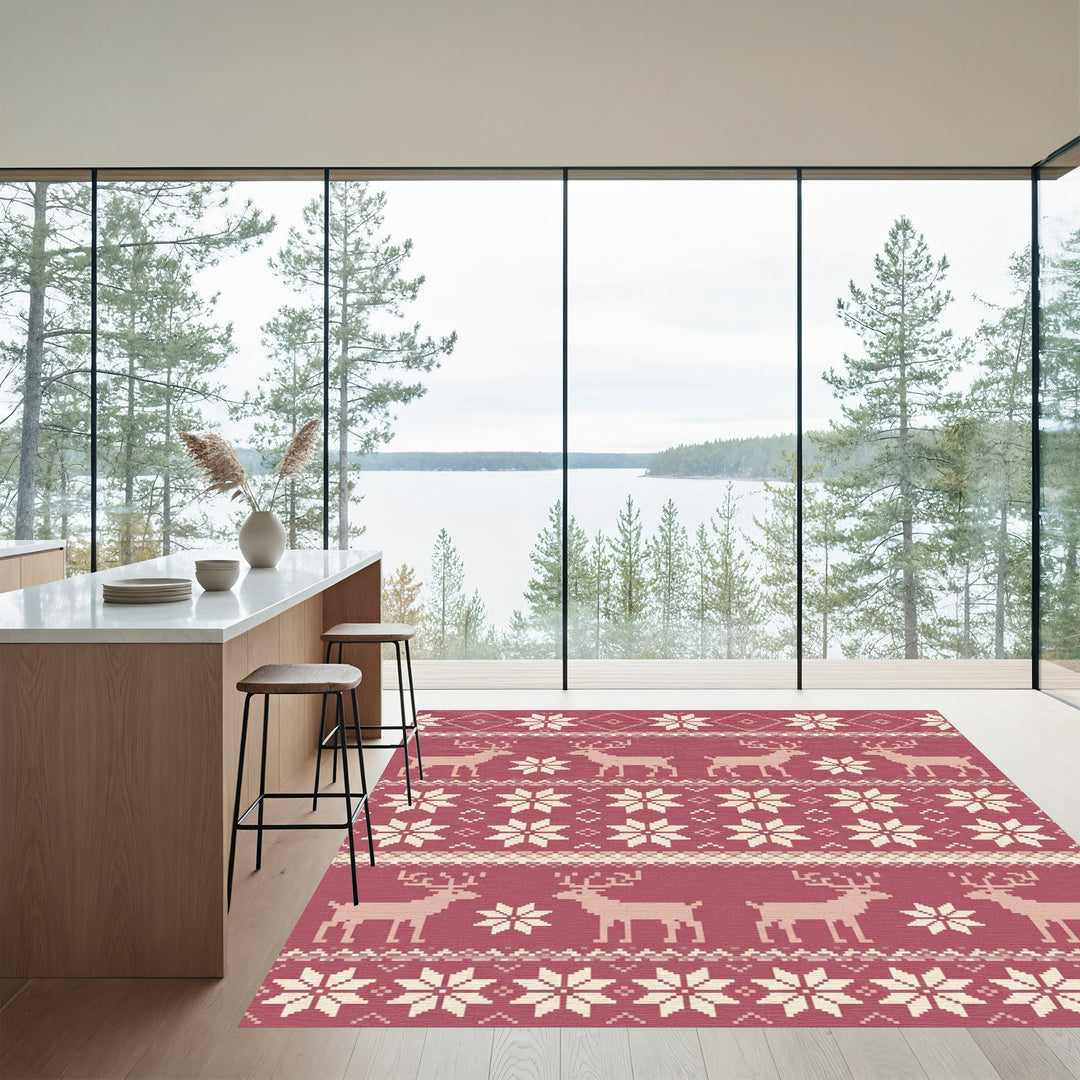 Burgundy Reindeer Snowflake Nordic Stripes Rug