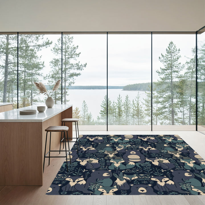 Forest Animals Blue Woodland Narrative Rug