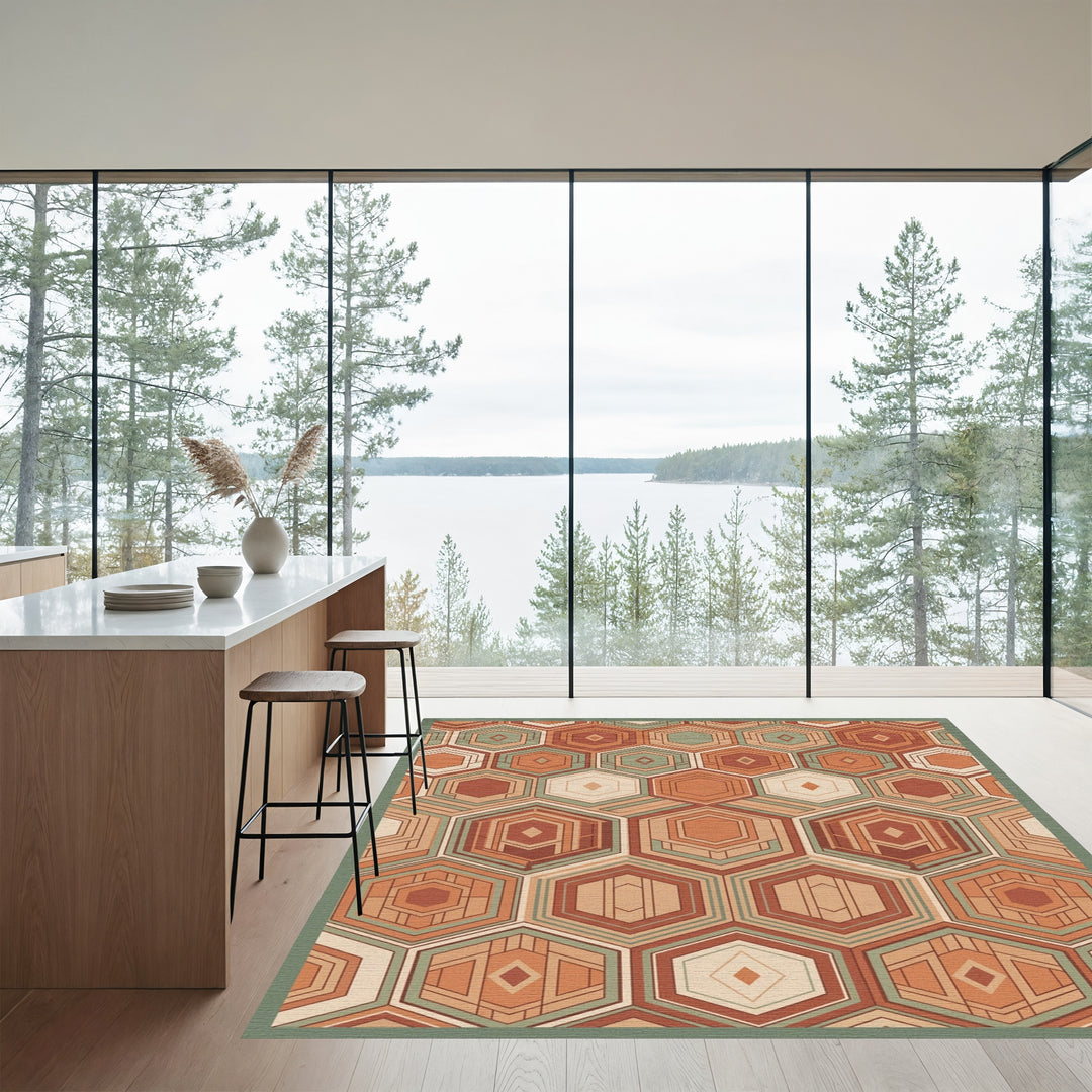Terracotta Sage Hexagon Geometric Layers Rug