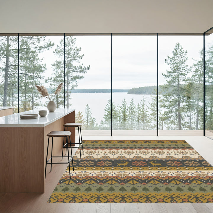 Earthy Woodland Deer Snowflake Stripes Rug