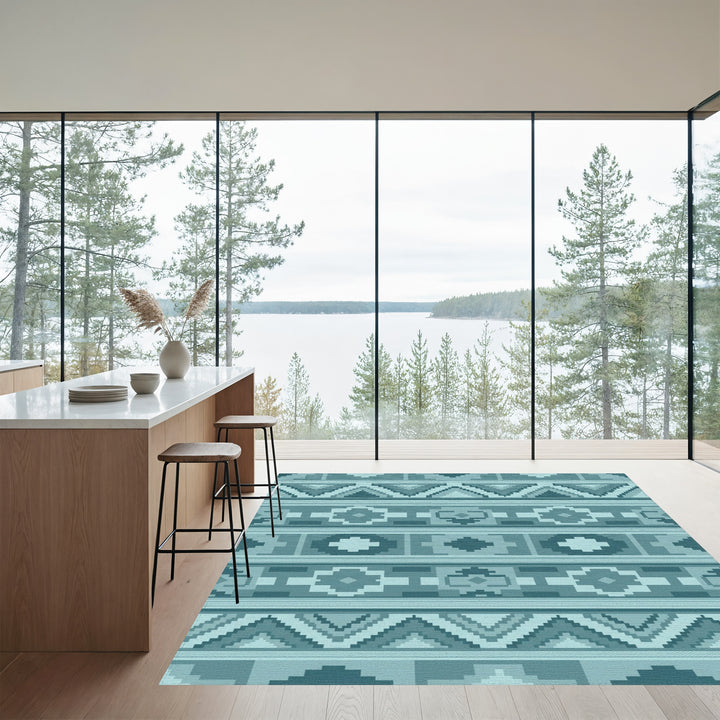 Teal Geometric Staircase Medallion Rug