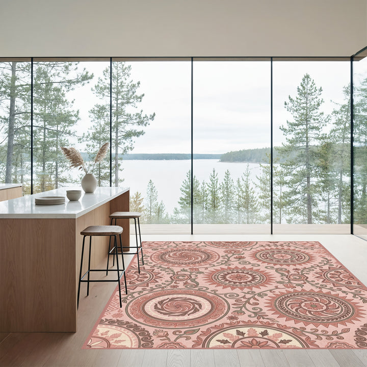 Terracotta Sunburst Medallion Floral Rug