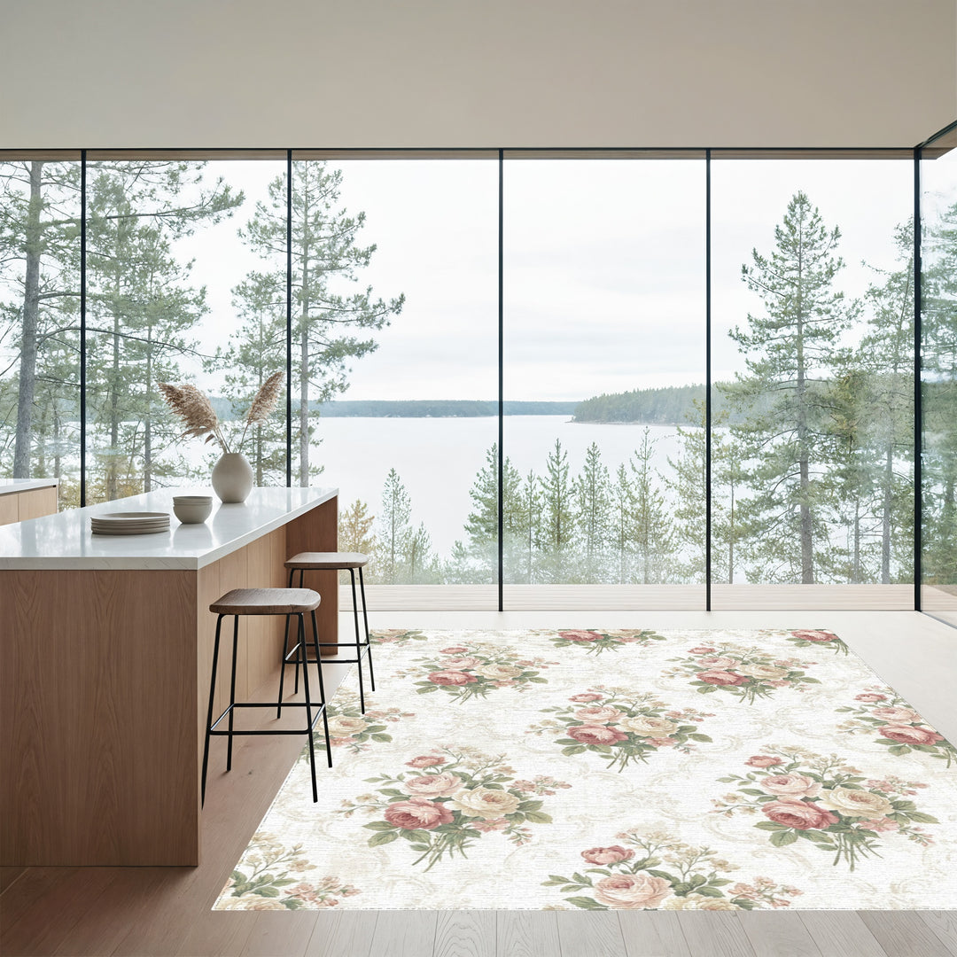 Vintage Rose Bouquet Damask Rug