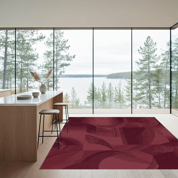 Deep Red Geometric Abstract Lines Rug