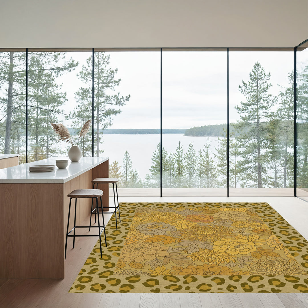 Golden Floral Leopard Border Rug