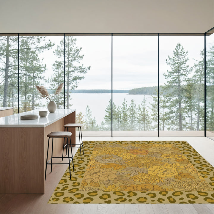 Golden Floral Leopard Border Rug