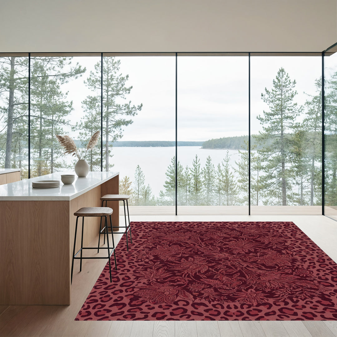 Dark Red Floral Leopard Medallion Rug