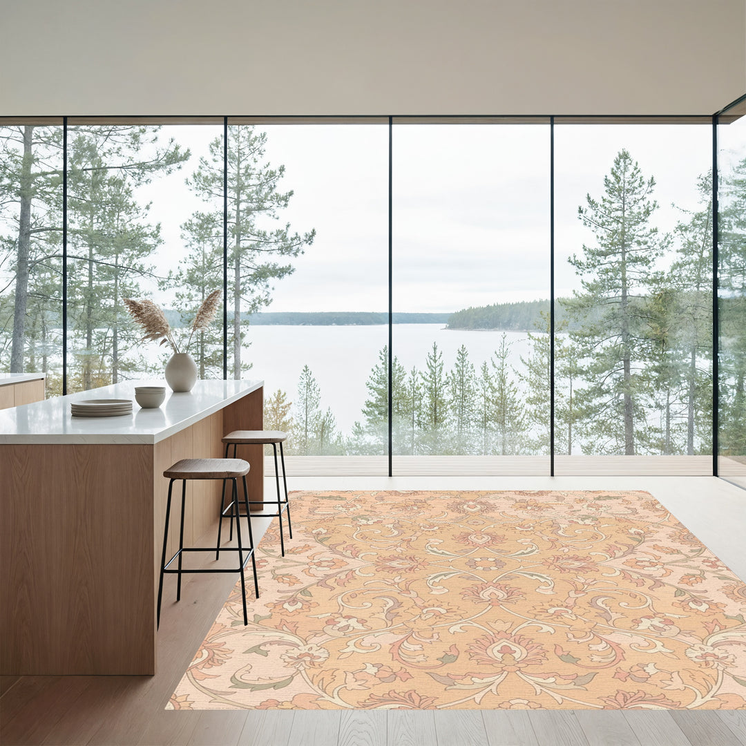 Soft Peach Floral Swirl Garden Rug